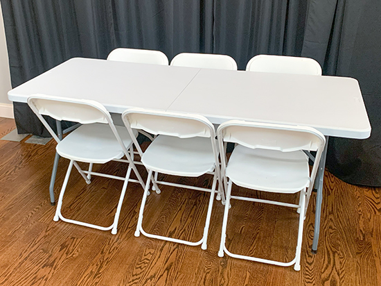 Party chairs for rent - basic white folding chairs.