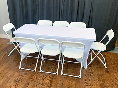 Folding white event chairs for rent Oswego, Naperville, Aurora.