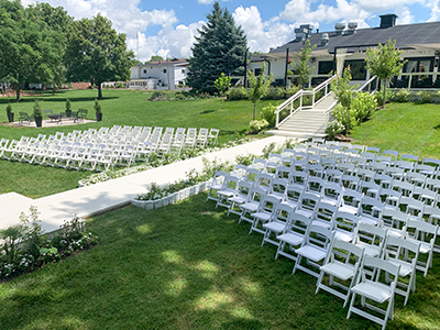 White padded garden chairs for rent - wedding ceremony, receptions and showers.